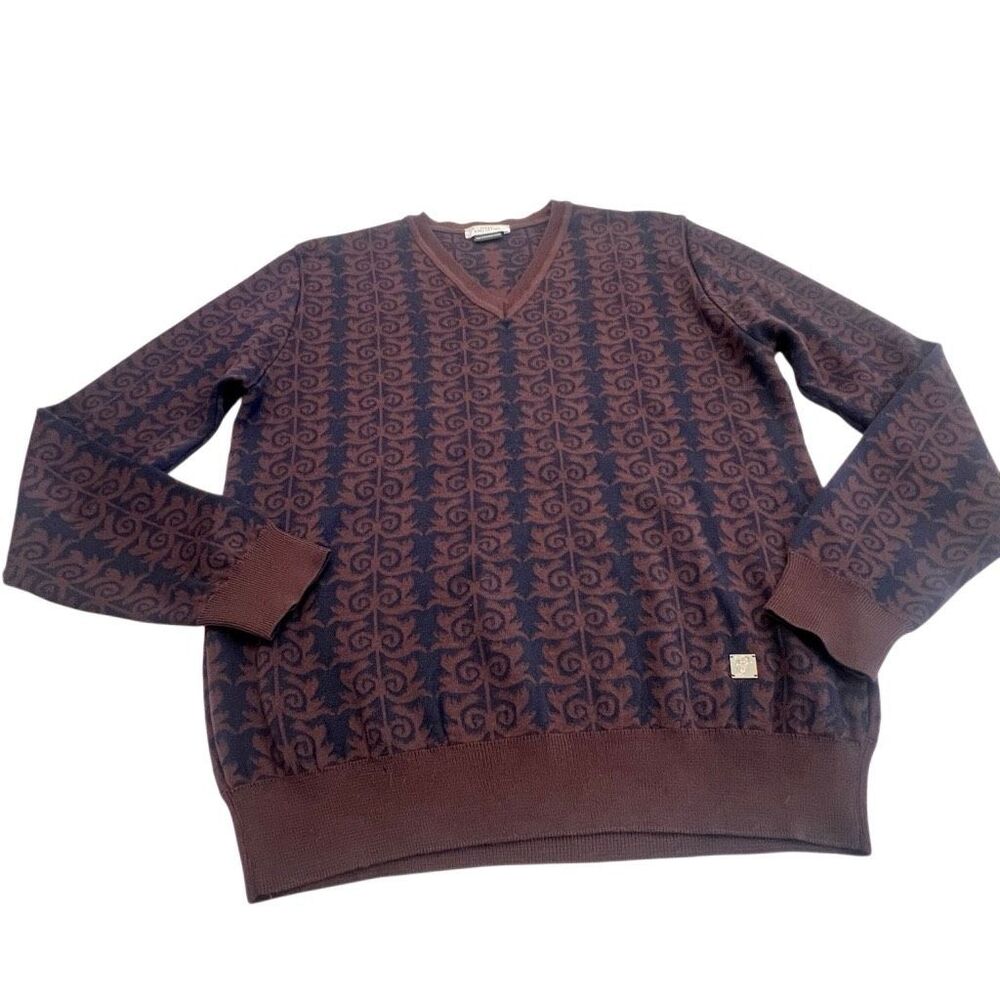 Versace Collection Men's V-Neck Long Sleeve Pullover Sweater Brown Navy Large